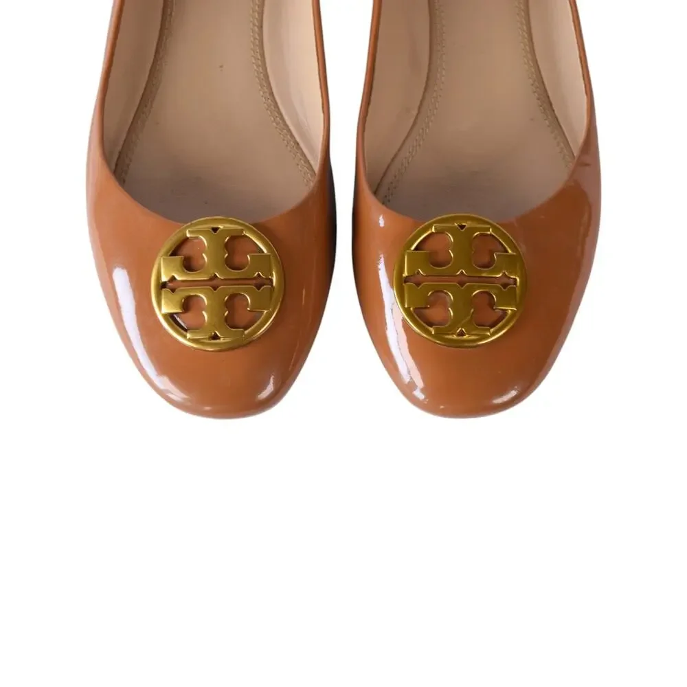 Tory Burch Chelsea Ballet Flats - Umber Tan Patent Leather Logo Medallion 6.5M